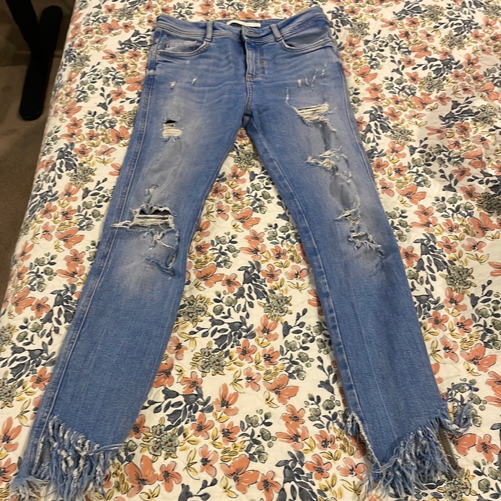 Zara ripped crop jeans with fringe bottom